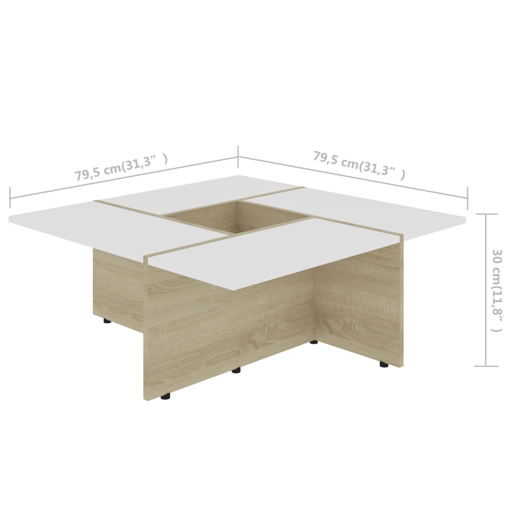 Coffee Table White and Sonoma Oak 79.5x79.5x30 cm Chipboard