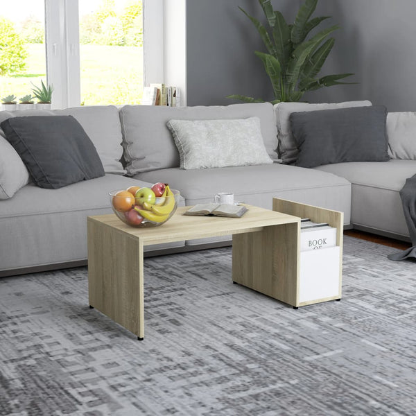  Coffee Table White and Sonoma Oak 90x45x35 cm Chipboard