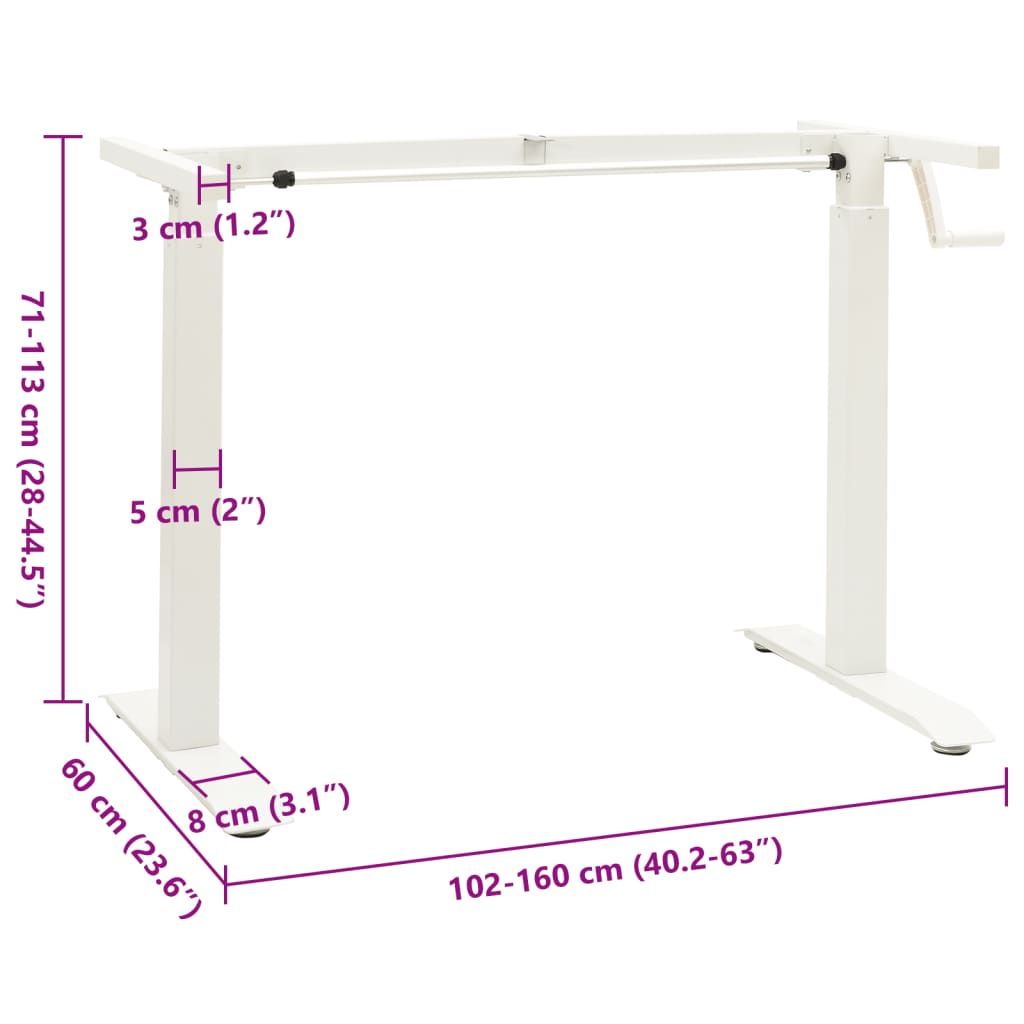 Manual Height Adjustable Standing Desk Frame Hand Crank White Steel Desk