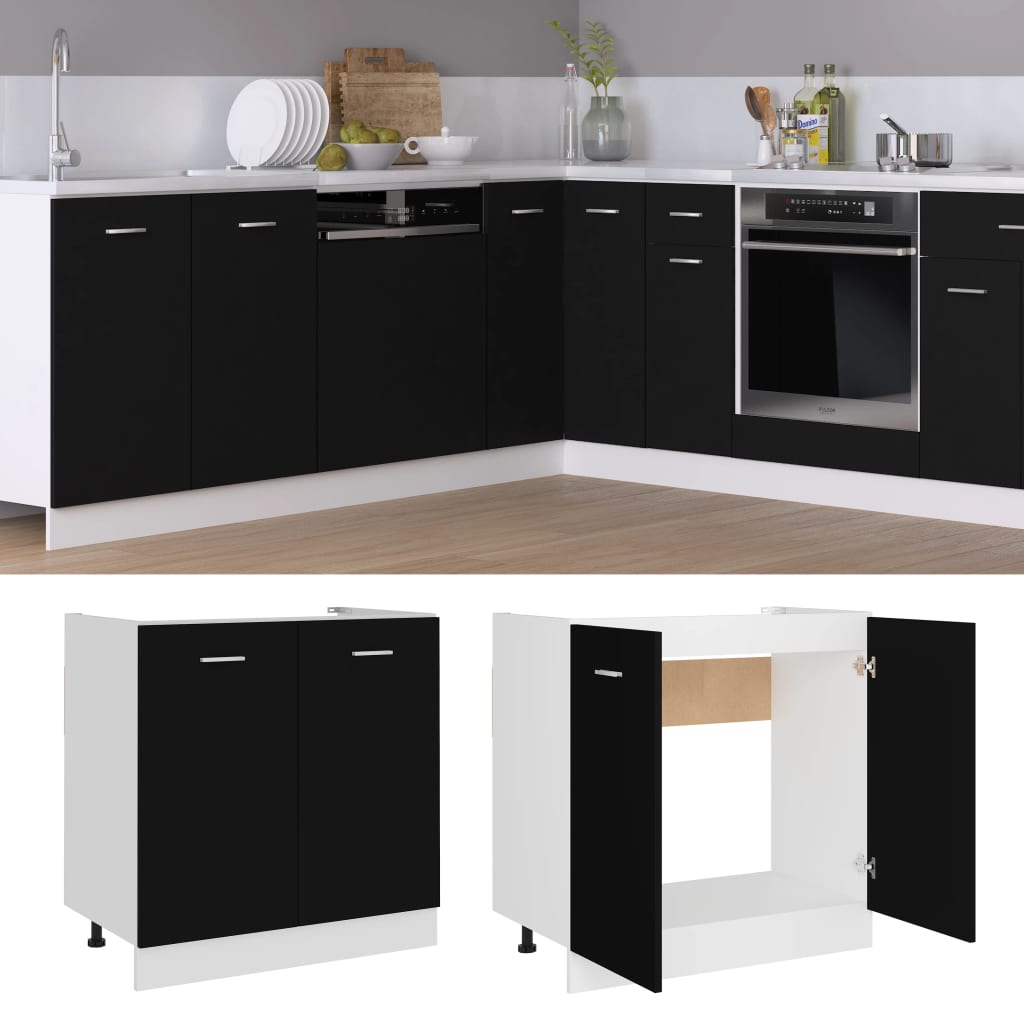 Kitchen Sink Cabinet Black 80cm Engineered Wood | HomeAndLiving