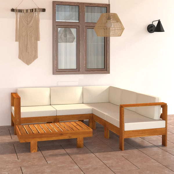  6 Piece Garden Lounge Set with Cream White Cushions Acacia Wood