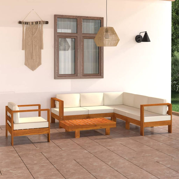  7 Piece Garden Lounge Set with Cream White Cushions Acacia Wood