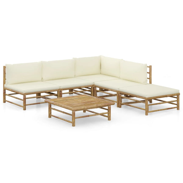 6 Piece Garden Lounge Set with Cream White Cushions Bamboo