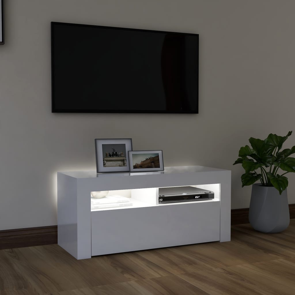 TV Cabinet with LED Lights High Gloss White - 90×35×40cm