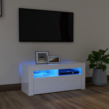 TV Cabinet with LED Lights High Gloss White - 90×35×40cm
