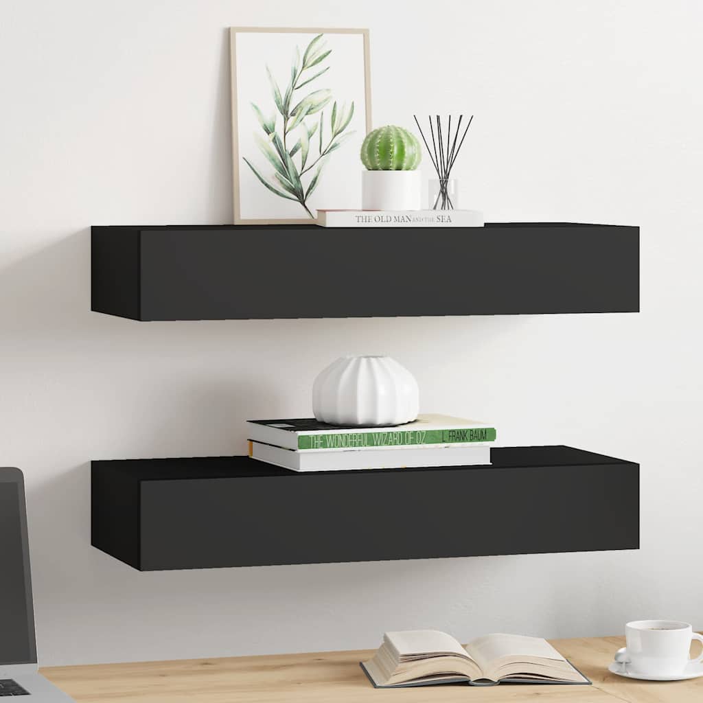 Floating Drawer Shelves Set 2 Black MDF | HomeAndLiving