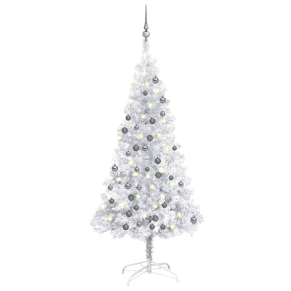  Artificial Christmas Tree with LEDs& Ball Set Silver 150 cm PET