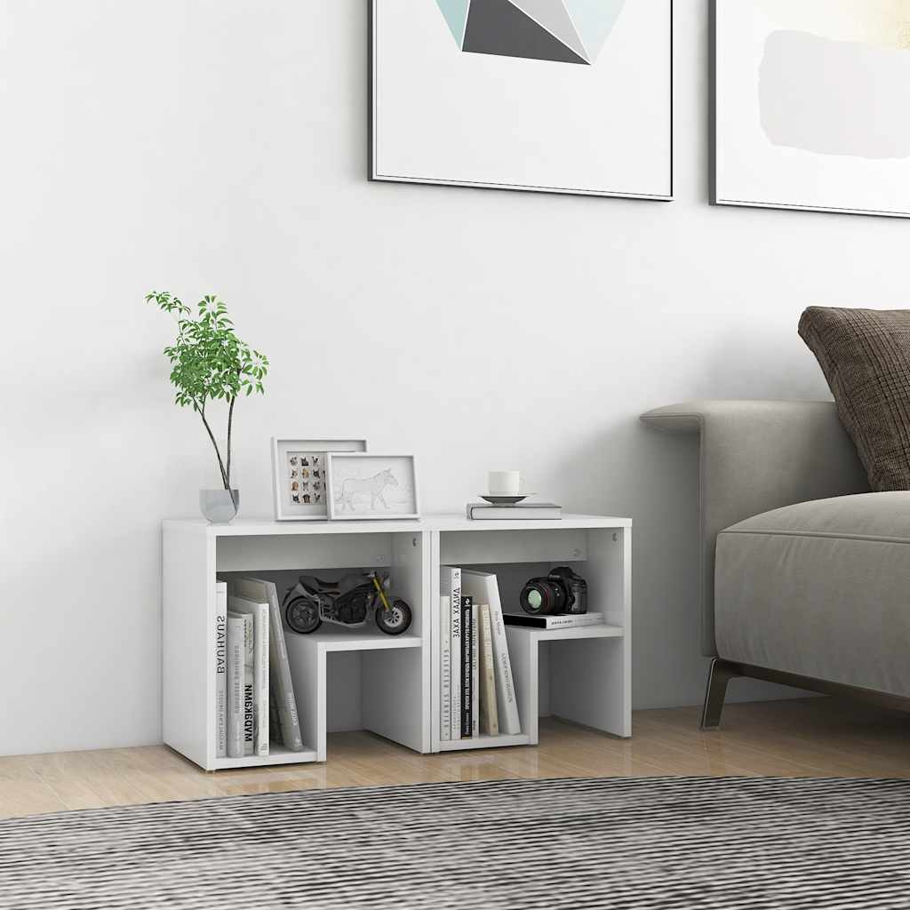 2-Piece White Bed Cabinets Engineered Wood Side Tables with Shelf Storage