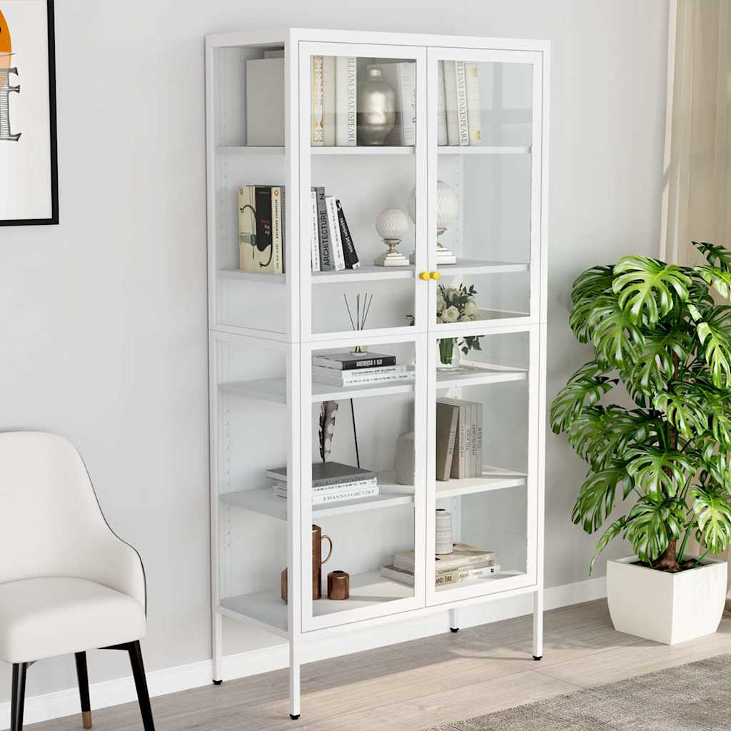Display Cabinet White Steel Tempered Glass 180cm | HomeAndLiving