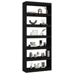 Book Cabinet/Room Divider 6 Shelves Black Solid Wood Pine