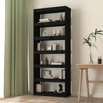 Book Cabinet/Room Divider 6 Shelves Black Solid Wood Pine