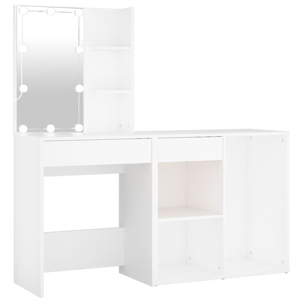 White LED Dressing Table with Cabinet Engineered Wood Storage Vanity Unit