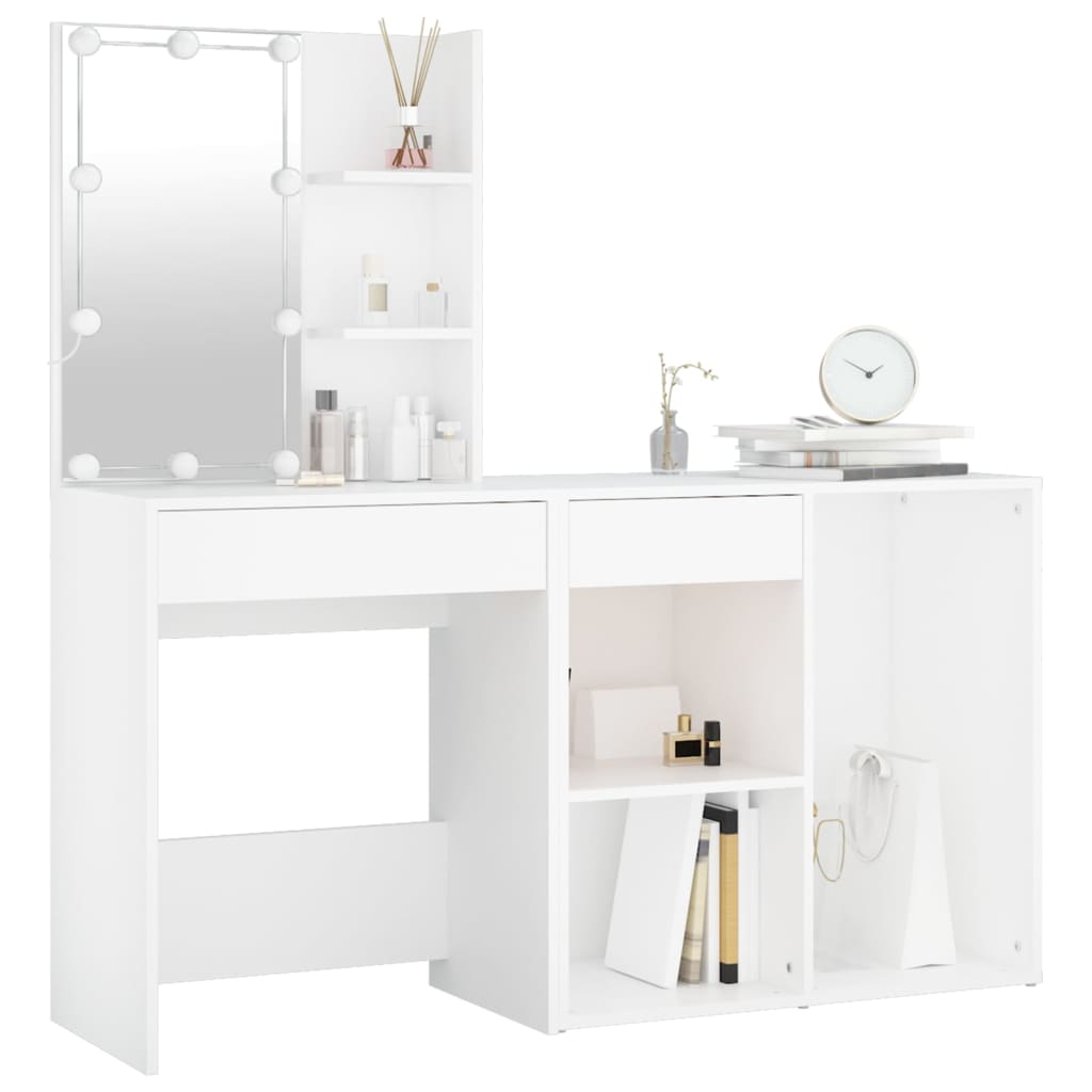 White LED Dressing Table with Cabinet Engineered Wood Storage Vanity Unit
