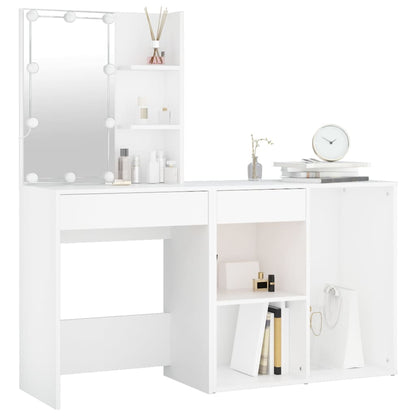 White LED Dressing Table with Cabinet Engineered Wood Storage Vanity Unit