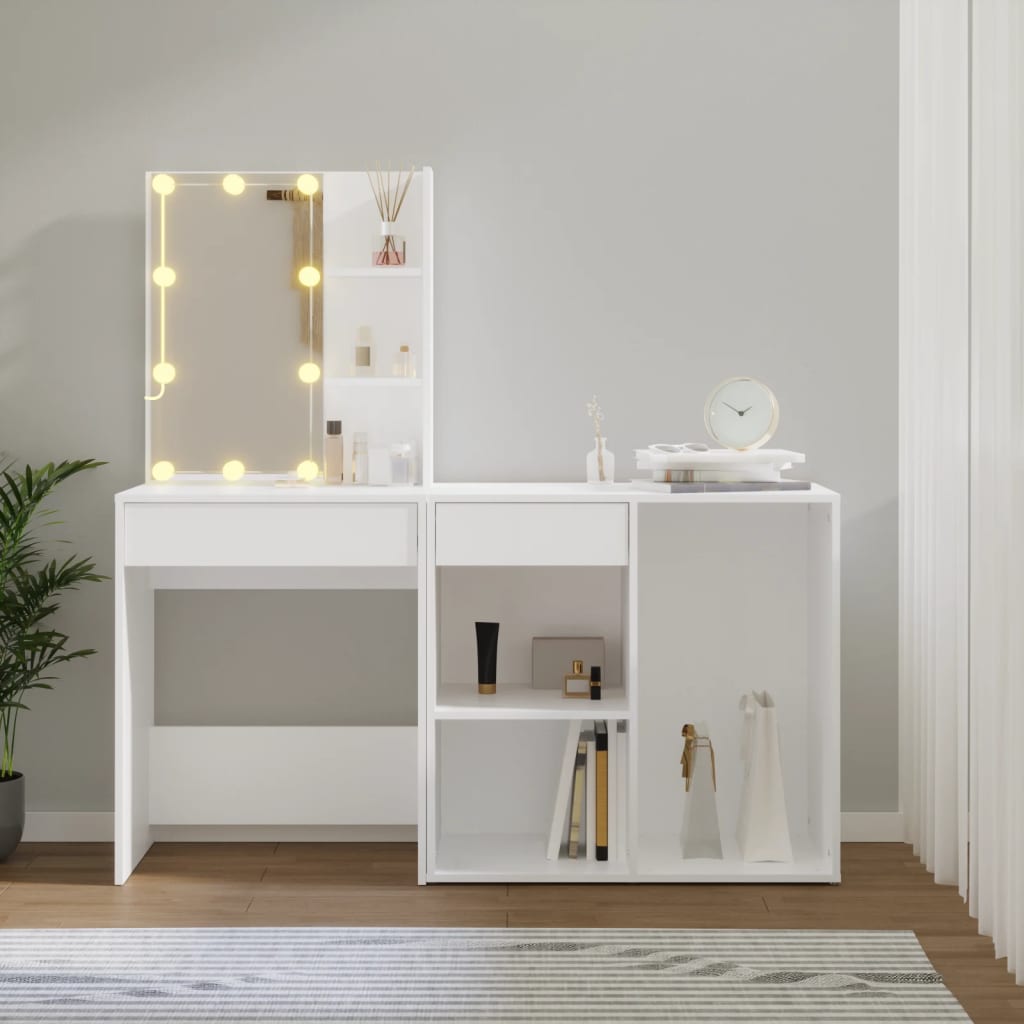 White LED Dressing Table with Cabinet Engineered Wood Storage Vanity Unit