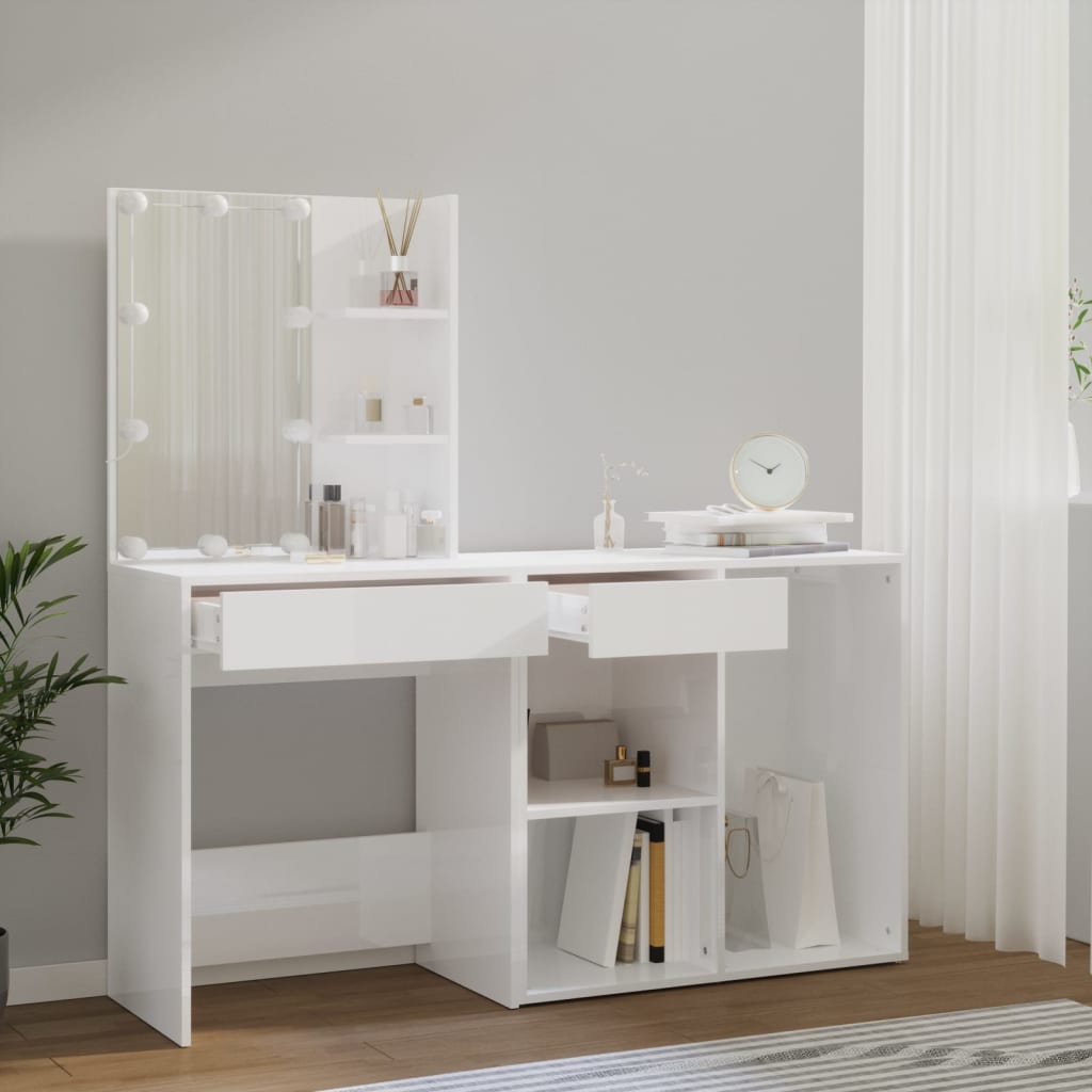 White LED Dressing Table with Cabinet Engineered Wood Storage Vanity Unit