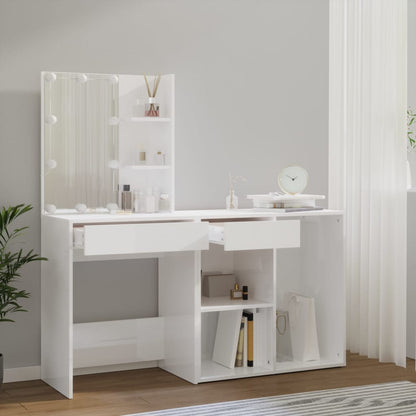 White LED Dressing Table with Cabinet Engineered Wood Storage Vanity Unit