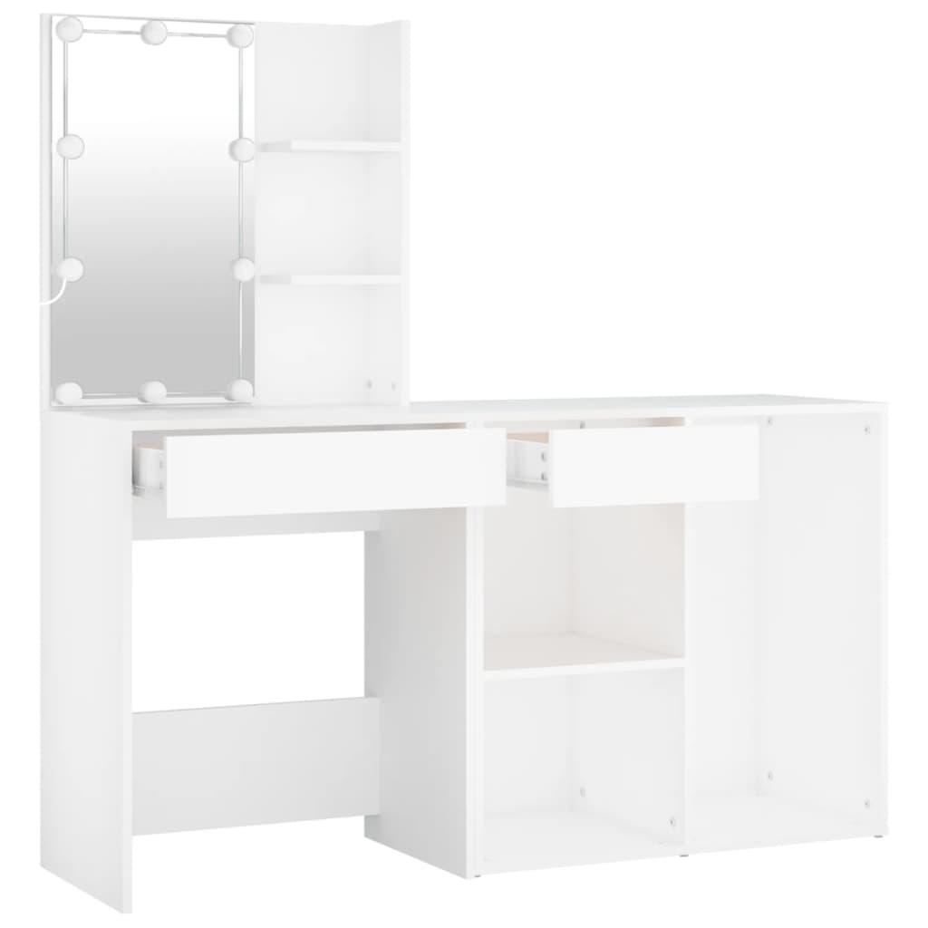 White LED Dressing Table with Cabinet Engineered Wood Storage Vanity Unit