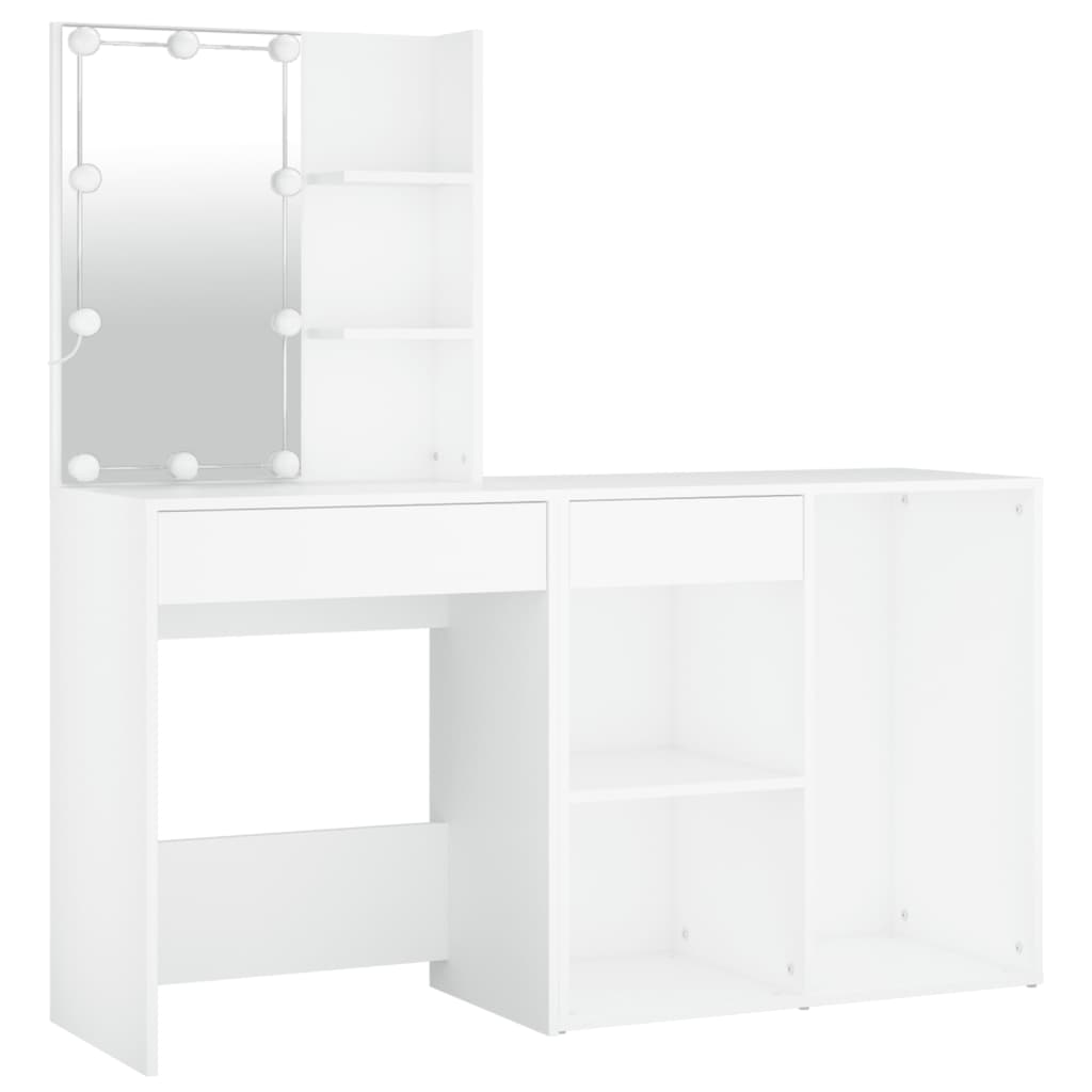 White LED Dressing Table with Cabinet Engineered Wood Storage Vanity Unit
