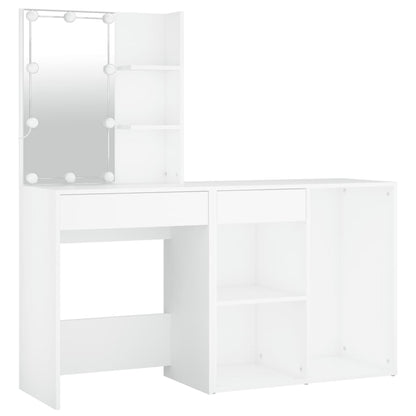 White LED Dressing Table with Cabinet Engineered Wood Storage Vanity Unit