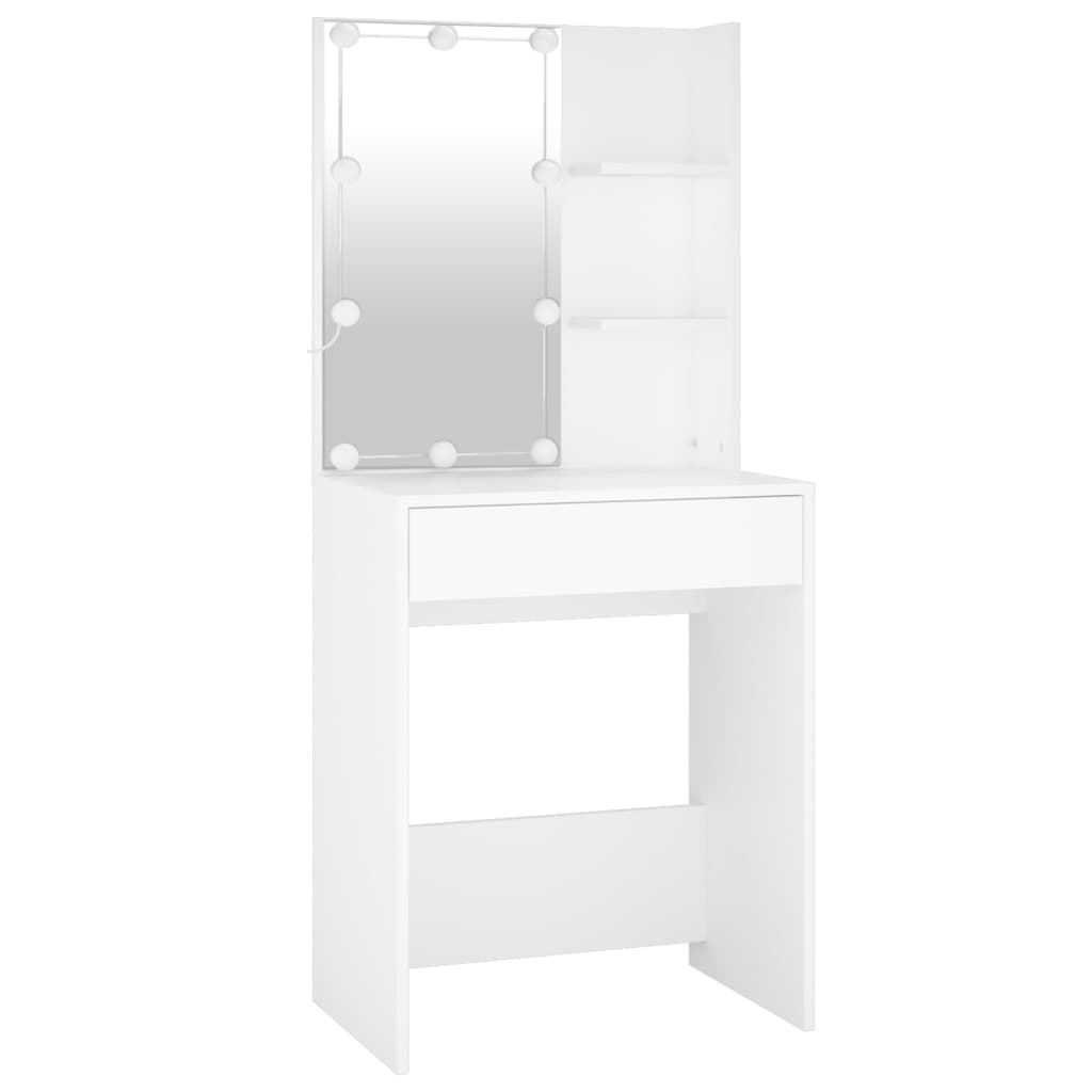 White LED Dressing Table with Cabinet Engineered Wood Storage Vanity Unit