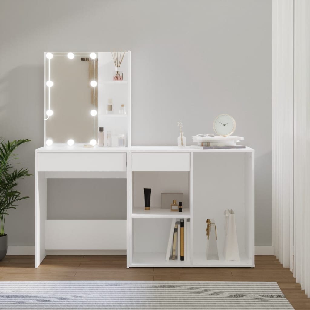 White LED Dressing Table with Cabinet Engineered Wood Storage Vanity Unit