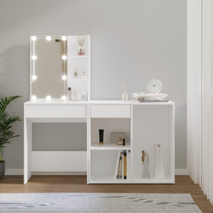 White LED Dressing Table with Cabinet Engineered Wood Storage Vanity Unit