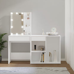 White LED Dressing Table with Cabinet Engineered Wood Storage Vanity Unit