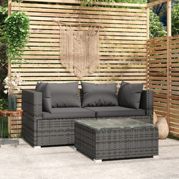  3 Piece Garden Lounge Set with Cushions Grey Poly Rattan