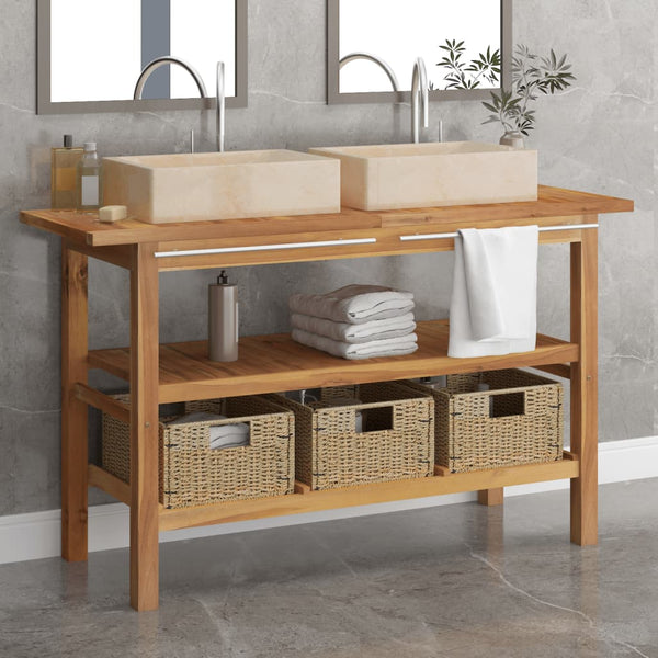  Bathroom Vanity Cabinet with Cream Marble Sinks Solid Wood Teak