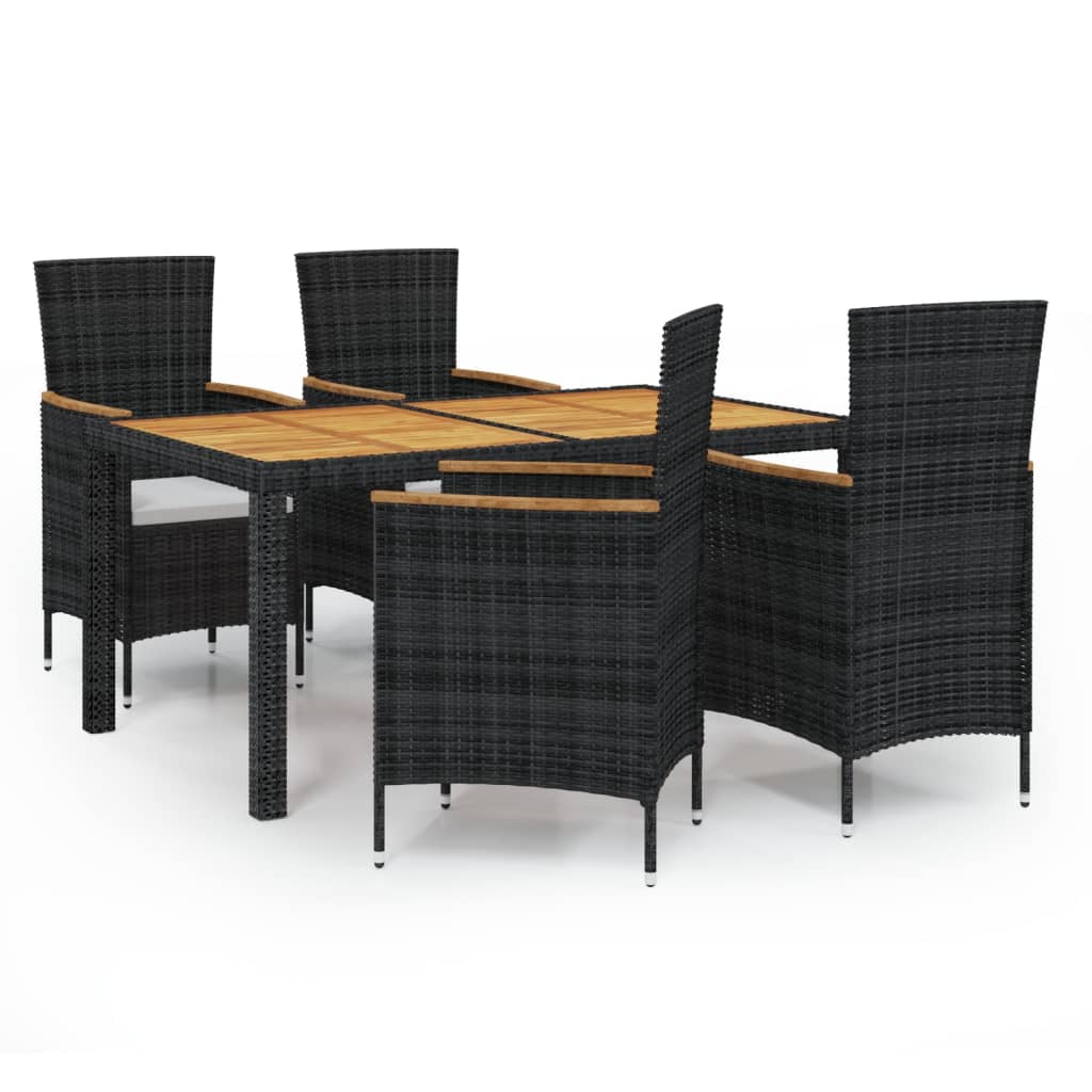 5 Piece Outdoor Dining Set with Cushions Poly Rattan Black - 150×90×75cm