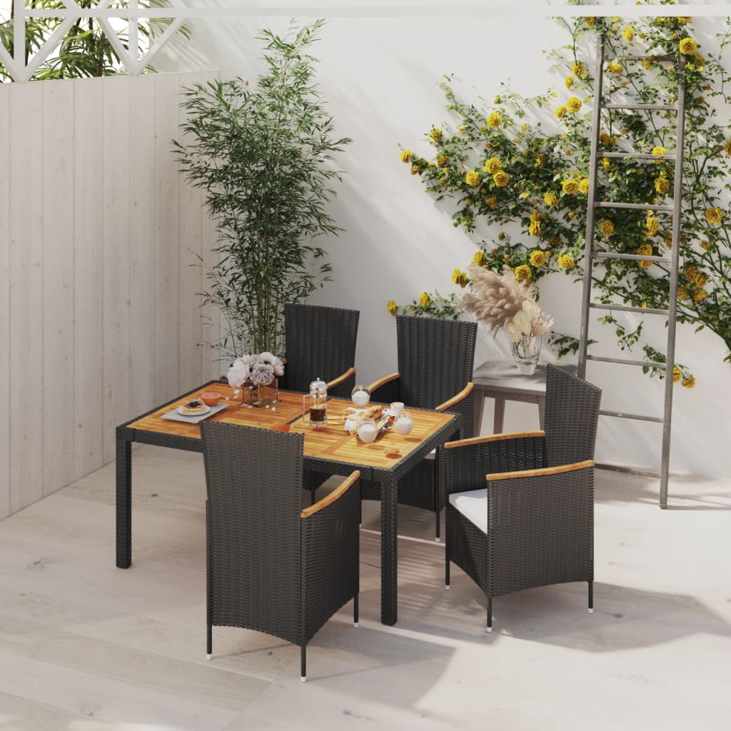 5 Piece Outdoor Dining Set with Cushions Poly Rattan Black - 150×90×75cm