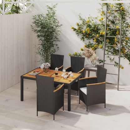 5 Piece Outdoor Dining Set with Cushions Poly Rattan Black - 150×90×75cm