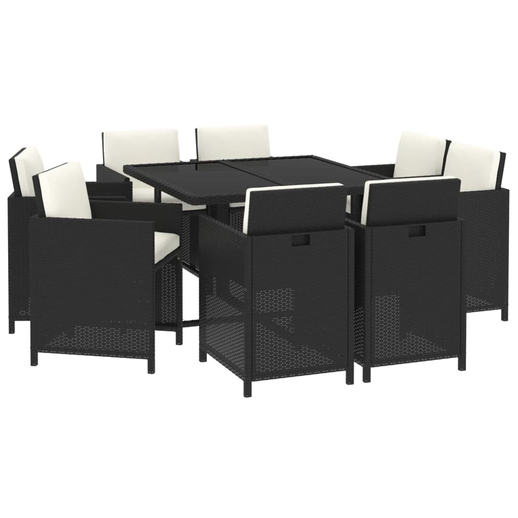 Rattan Noir Feast: 9-Piece Black Poly Rattan Garden Dining Set with Plush Cushions