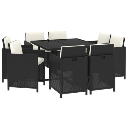 Rattan Noir Feast: 9-Piece Black Poly Rattan Garden Dining Set with Plush Cushions