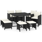 Rattan Dining Delight: 9-Piece Black Poly Rattan Garden Dining Set with Plush Cushions
