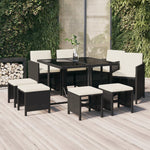Rattan Dining Delight: 9-Piece Black Poly Rattan Garden Dining Set with Plush Cushions