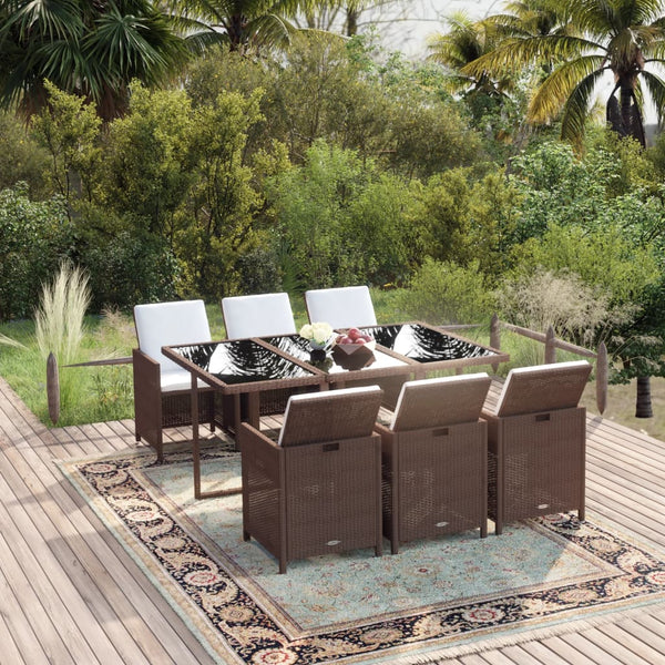  7 Piece Garden Dining Set with Cushions Poly Rattan Brown