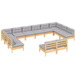 12 Piece Garden Outdoor Lounge Set With Grey Cushions Solid Pinewood