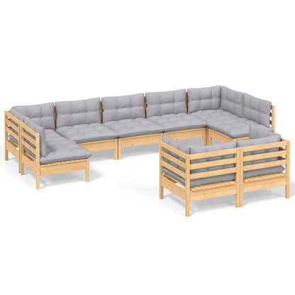 9 Piece Garden Outdoor Lounge Set With Grey Cushions Solid Pinewood