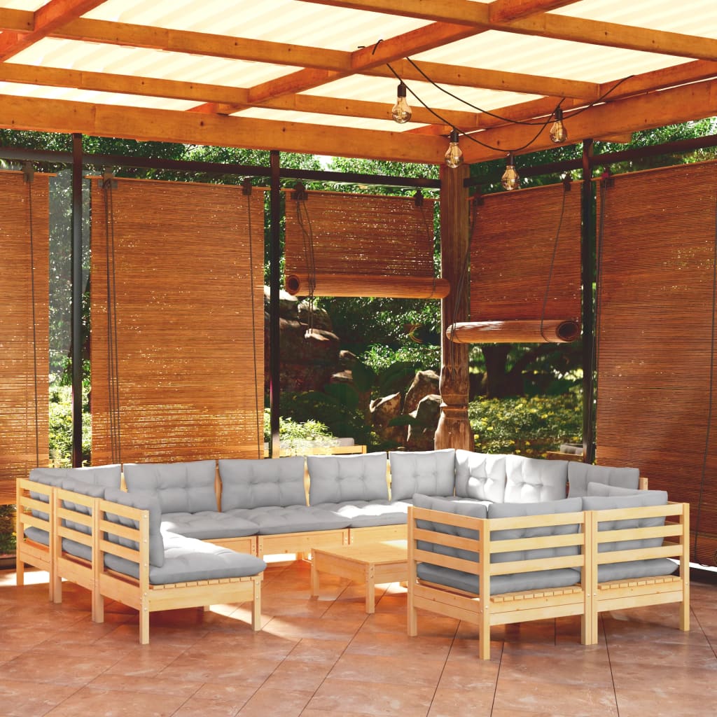 12 Piece Garden Lounge Set With Table & Grey Cushions Solid Pinewood