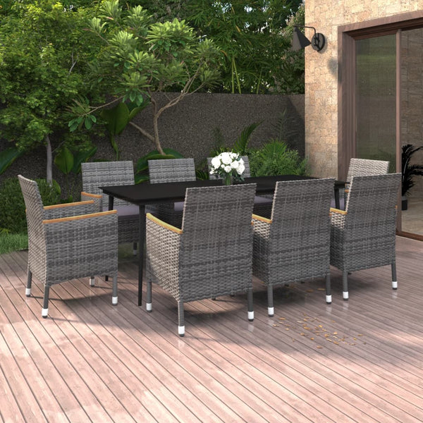  9 Piece Garden Dining Set with Cushions Poly Rattan and Glass