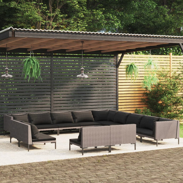  13 Piece Garden Lounge Set with Cushions Dark Grey Poly Rattan