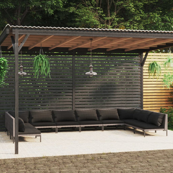  10 Piece Garden Lounge Set with Cushions Dark Grey Poly Rattan