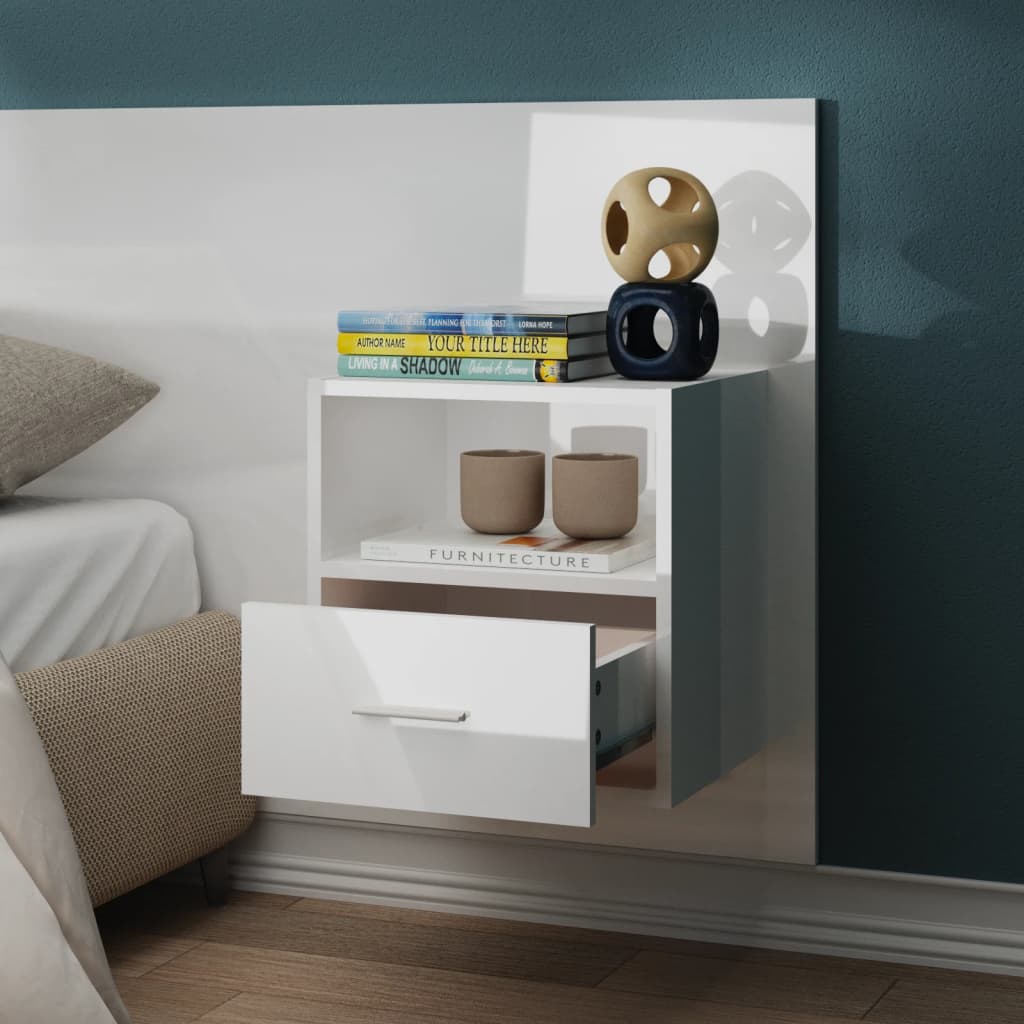 Wall Bedside Cabinet High Gloss White Engineered Wood