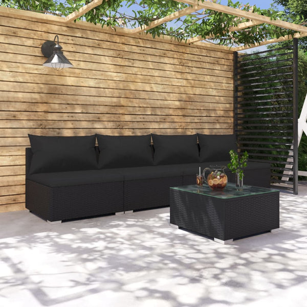  Rattan Elegance in Noir: 5-Piece Outdoor Dining Set with Plush Cushions