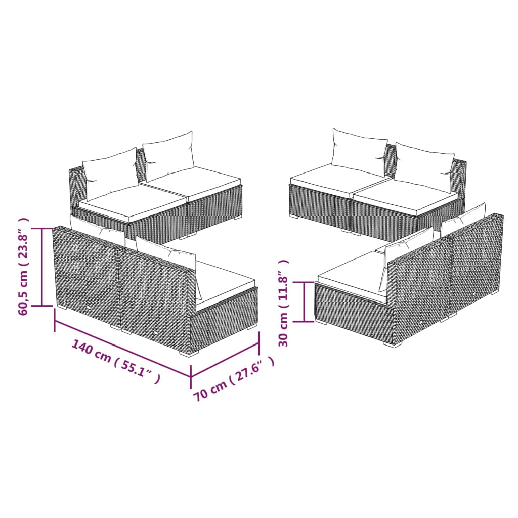 8 Piece Garden Lounge Set with Cushions Poly Rattan - 70×63×6cm