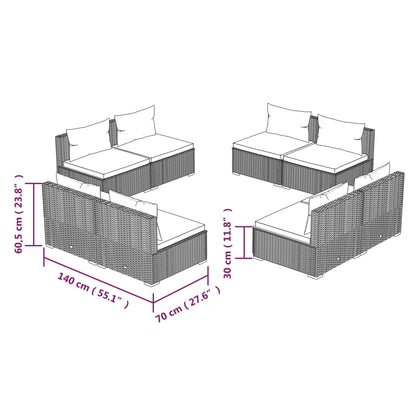 8 Piece Garden Lounge Set with Cushions Poly Rattan - 70×63×6cm