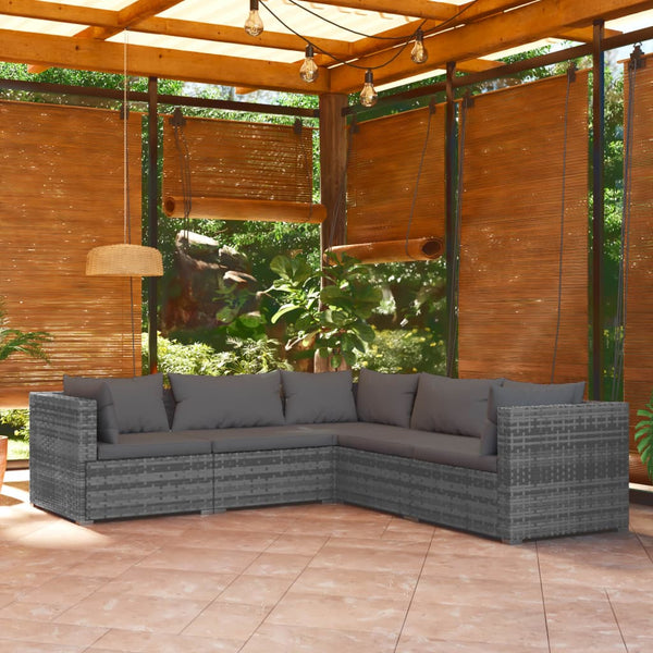  Poly Rattan Tranquility: 5-Piece Garden Lounge Set in Elegant Grey with Plush Cushions