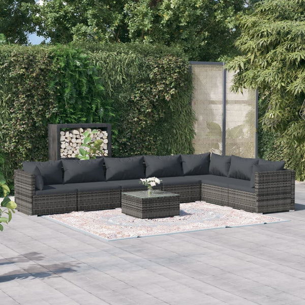  Tranquil Rattan Retreat: 8-Piece Garden Lounge Set in Elegant Grey with Plush Cushions